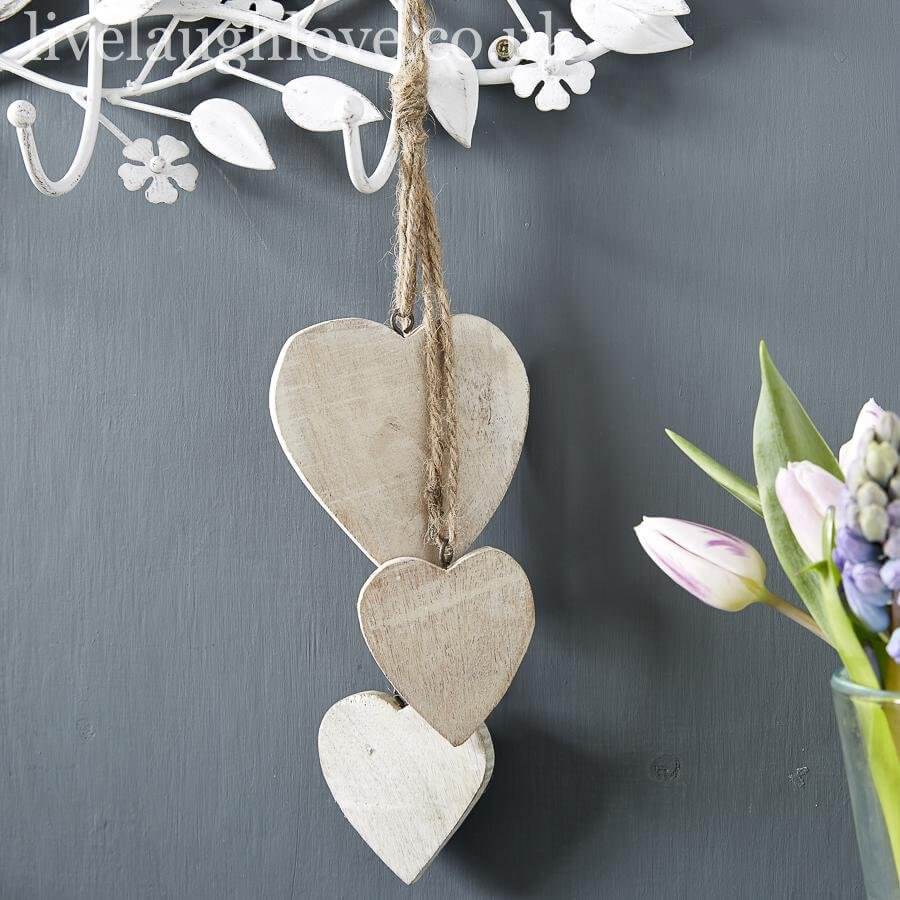 Hanging Trio of Whitewashed Wooden Hearts - LIVE LAUGH LOVE LIMITED