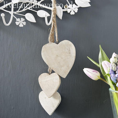 Hanging Trio of Whitewashed Wooden Hearts - LIVE LAUGH LOVE LIMITED