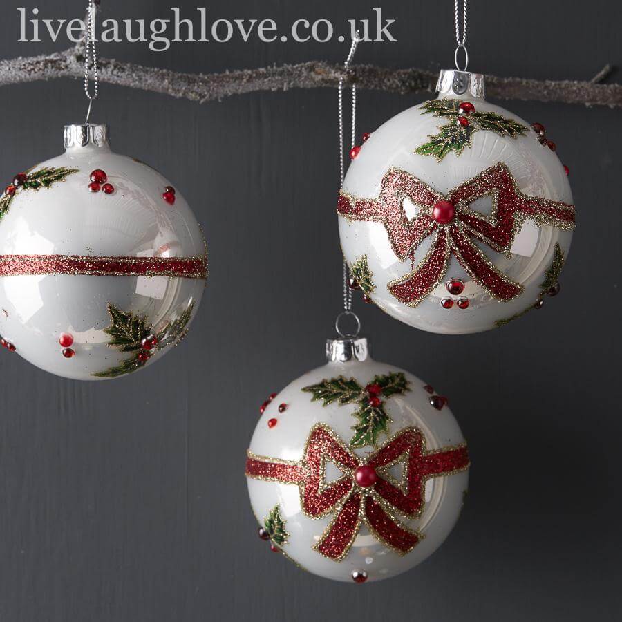 Set Of 3 Holly & Ribbon Decorative Glass Baubles | Live Laugh Love ...